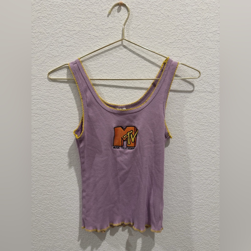 MTV Y2K Vintage Purple embroidered Tank Top Yellow lace scallop Trim